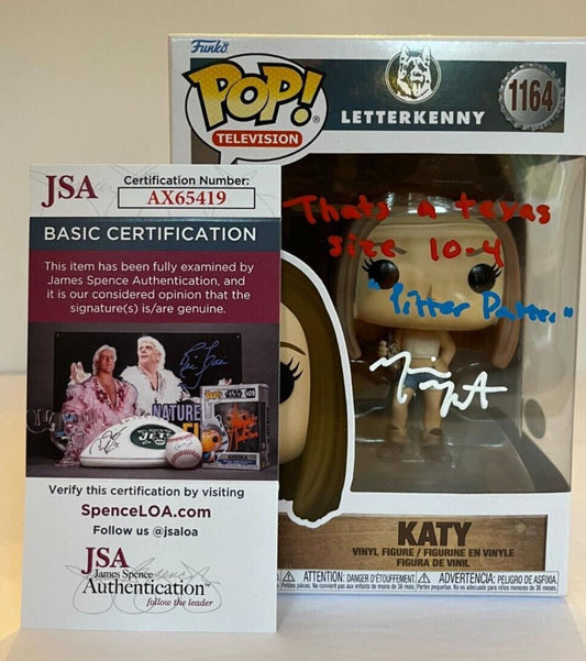 Michelle Mylett dédicacée par Katy Letterkenny Funko Pop JSA Cert Proof