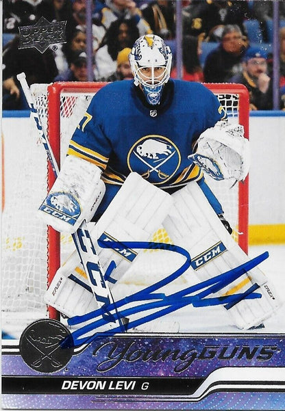 Signed Devon Levi 23-24 UD Young Guns Buffalo Sabres Rookie Card w JSA Authentic