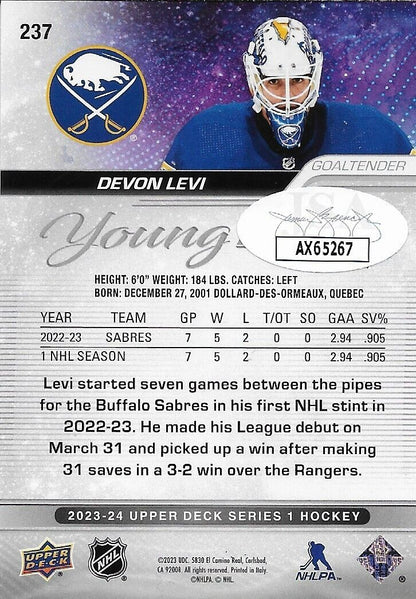 Signed Devon Levi 23-24 UD Young Guns Buffalo Sabres Rookie Card w JSA Authentic