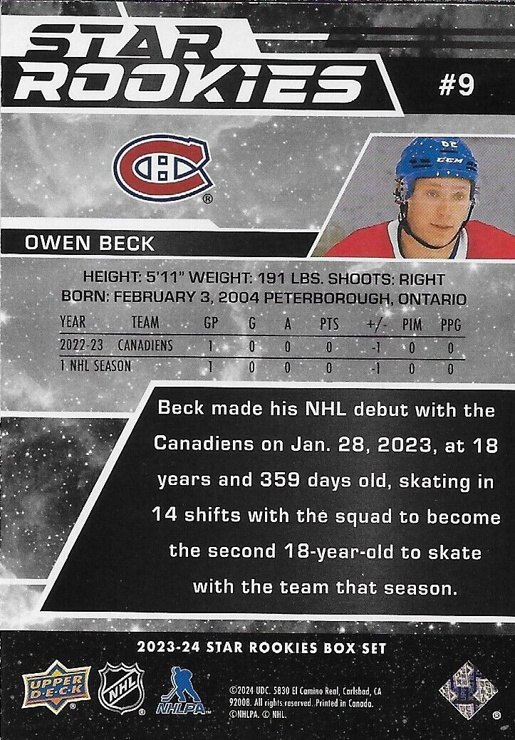 Signed Owen Beck Star Rookies 2023-24 UD Montreal Canadiens Rookie Card 271/349