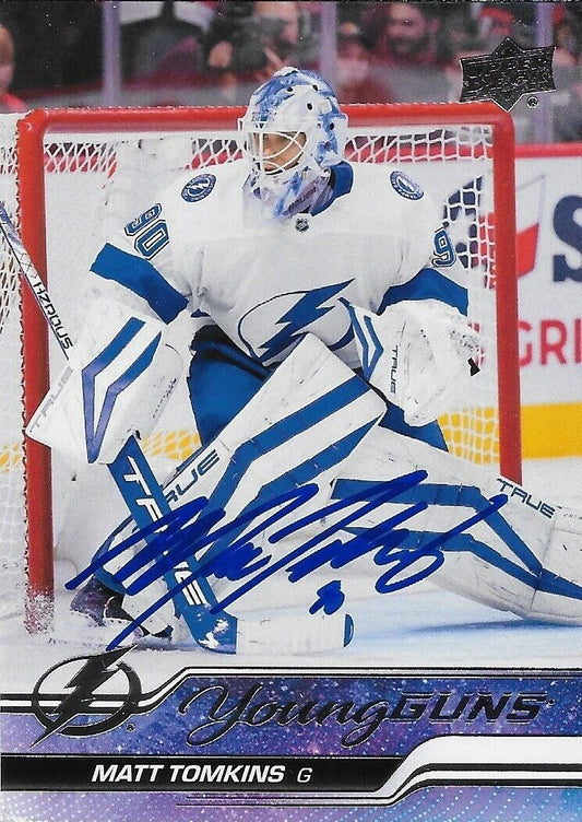 Signed Matt Tomkins 2023-24 UD Young Guns Tampa Bay Lightning Rookie Card