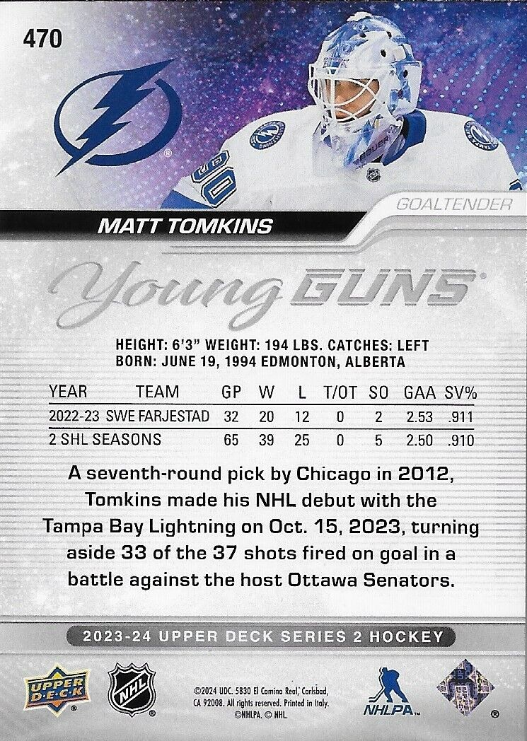 Signed Matt Tomkins 2023-24 UD Young Guns Tampa Bay Lightning Rookie Card