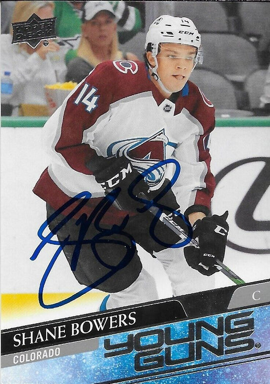 Signed Shane Bowers 2020-21 UD Young Guns Colorado Avalanche Rookie Card #1