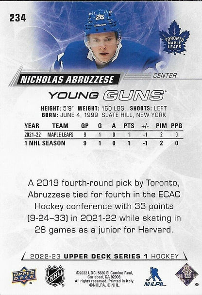 Carte signée Nicholas Abruzzese des Maple Leafs de Toronto 22-23 Upper Deck Young Guns 1