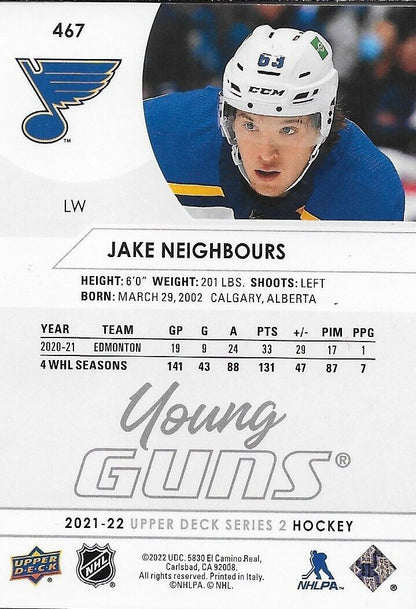 Carte de recrue signée Jake Neighbours 2021-22 UD Young Guns St. Louis Blues