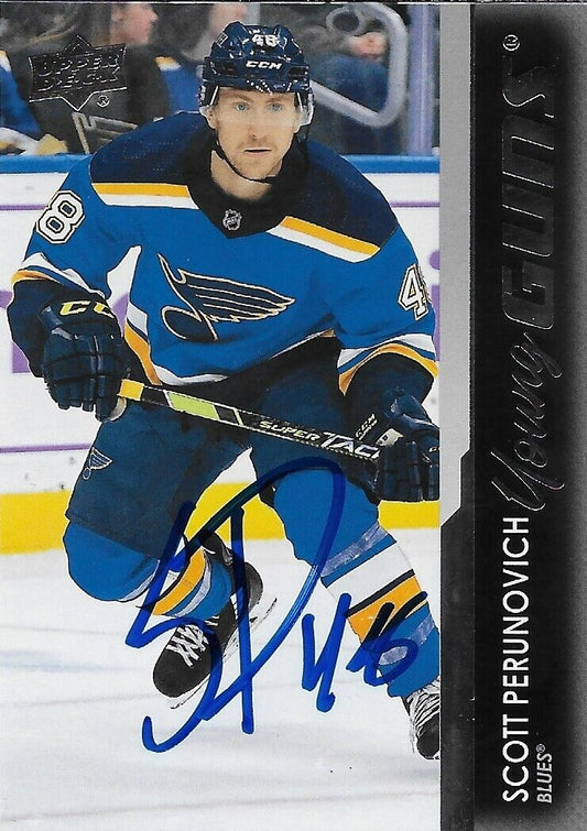 Signed Scott Perunovich 2021-22 UD Young Guns St. Louis Blues Rookie Card