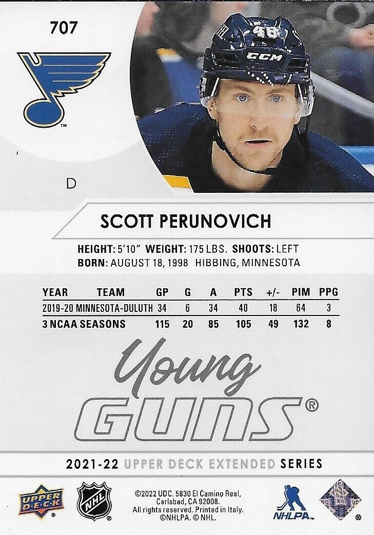 Signed Scott Perunovich 2021-22 UD Young Guns St. Louis Blues Rookie Card