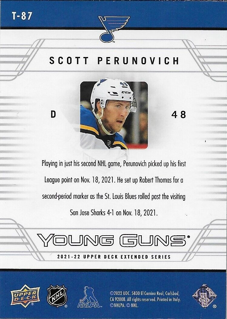 Signed Scott Perunovich 2021-22 UD Young Guns RETRO St. Louis Blues Rookie Card