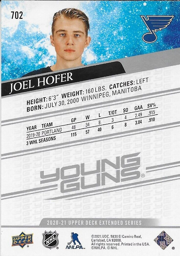 Carte recrue n° 2 originale signée Joel Hofer 2020-21 UD Young Guns St. Louis Blues