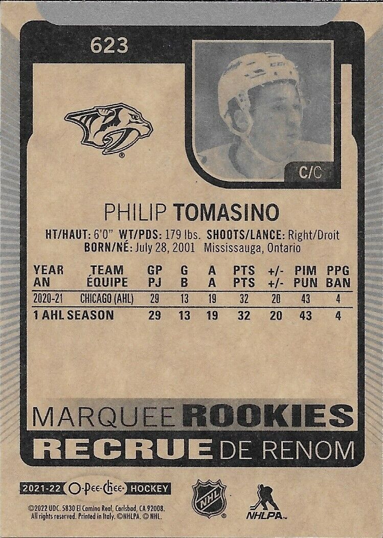 Signed Philip Tomasino 21-22 O-Pee Chee Marquee Rookie Nashville Predators Card