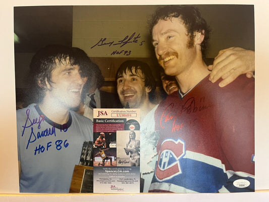 Photo 11x14 signée par Serge Savard, Guy Lapointe et Larry Robinson des Canadiens avec JSA 1a