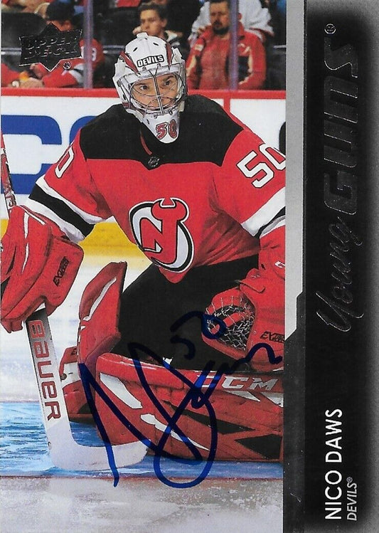 Signed Nico Daws Young Guns 2021-22 UD New Jersey Devils Rookie Card