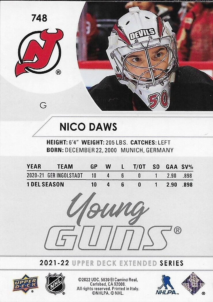 Carte de recrue signée Nico Daws Young Guns 2021-22 UD New Jersey Devils