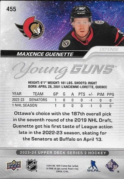 Carte de recrue signée par Maxence Guenette Young Guns 2023-24 UD des Sénateurs d'Ottawa