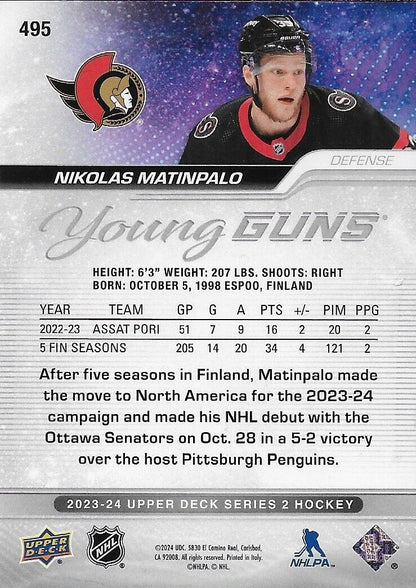 Signed Nikolas Matinpalo Young Guns 2023-24 UD Ottawa Senators Rookie Card