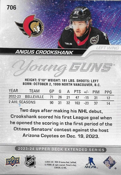 Carte de recrue signée Angus Crookshank Young Guns 2023-24 UD des Sénateurs d'Ottawa