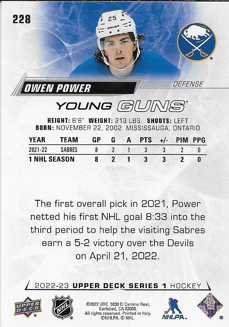 Signed Owen Power Young Guns 2022-23 UD Buffalo Sabres Rookie Card