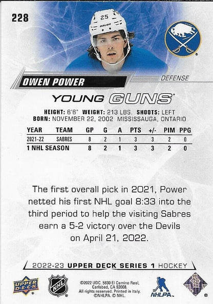 Signed Owen Power Young Guns 2022-23 UD Buffalo Sabres Rookie Card