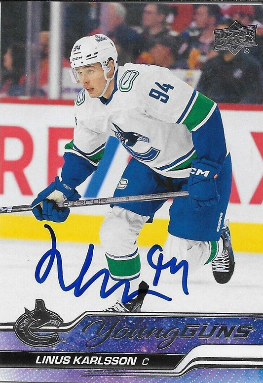 Signed Linus Karlsson Young Guns 2023-24 UD Vancouver Canucks Rookie Card