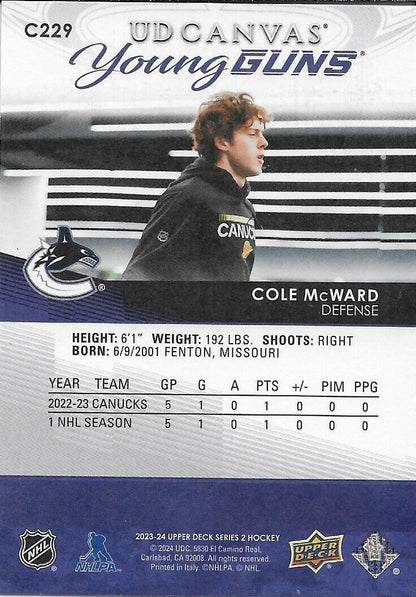 Carte de recrue signée Cole McWard Young Guns 23-24 UD Canvas Vancouver Canucks