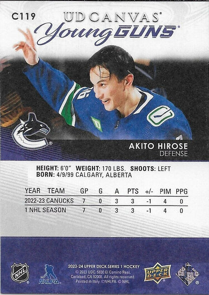 Carte de recrue signée Akito Hirose Young Guns 2023-24 UD Canvas Vancouver Canucks