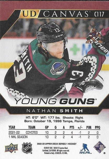 Signed Nathan Smith Young Guns 2022-23 UD Canvas Arizona Coyotes Rookie Card