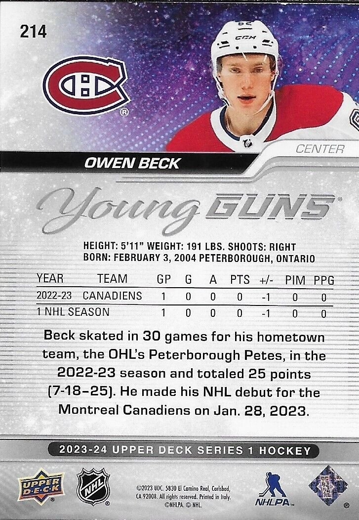 Signed Owen Beck Young Guns 2023-24 UD Montreal Canadiens Rookie Card Original