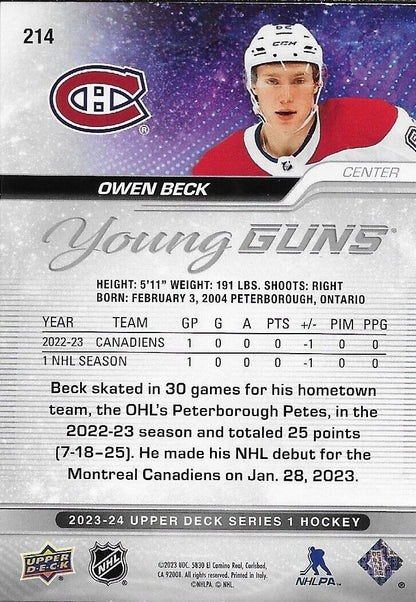 Signed Owen Beck Young Guns 2023-24 UD Montreal Canadiens Rookie Card Original