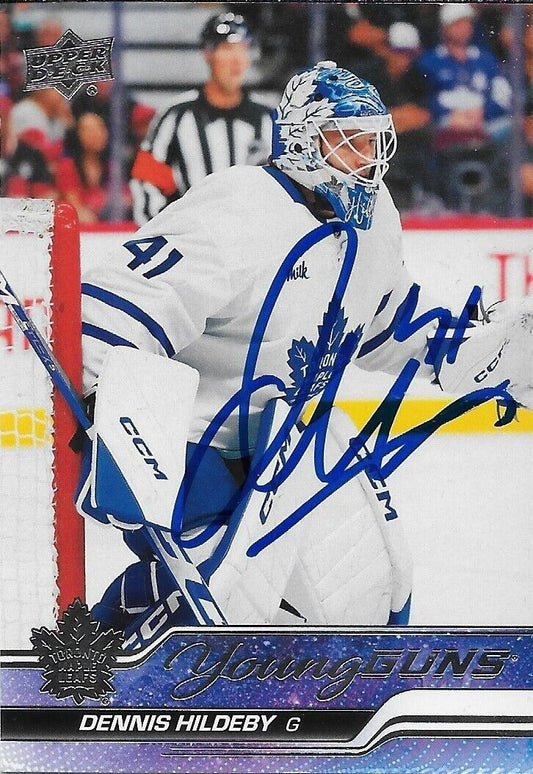 Signed Dennis Hildeby 2023-24 UD Young Guns Toronto Maple Leafs Rookie Card