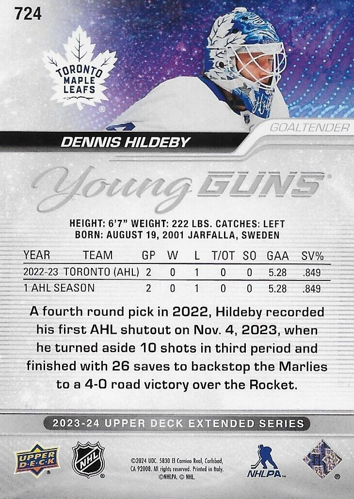 Carte de recrue signée Dennis Hildeby 2023-24 UD Young Guns des Maple Leafs de Toronto