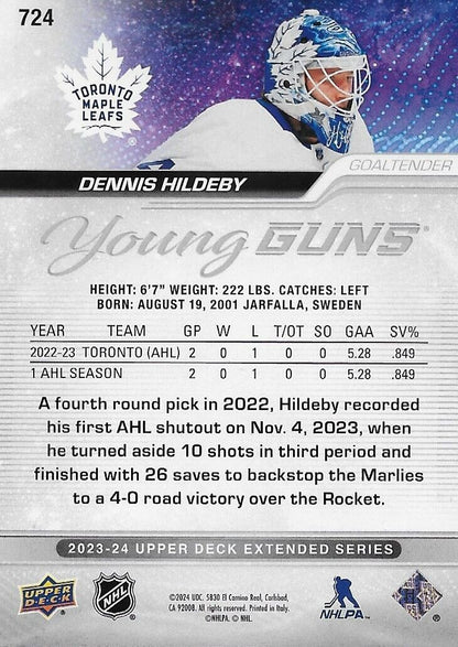 Carte de recrue signée Dennis Hildeby 2023-24 UD Young Guns des Maple Leafs de Toronto