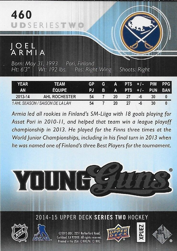 Carte de recrue originale signée Joel Armia Young Guns UD 2014-15 des Buffalo Sabres