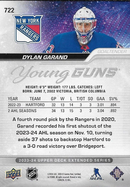Signed Dylan Garand Young Guns 2023-24 UD New York Rangers Rookie Card
