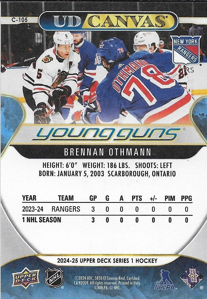 Signed Brennan Othmann UD Canvas Young Guns 2024-25 New York Rangers Rookie Card