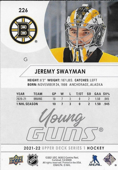 Signed Jeremy Swayman 2021-22 UD Young Guns Boston Bruins Rookie Card