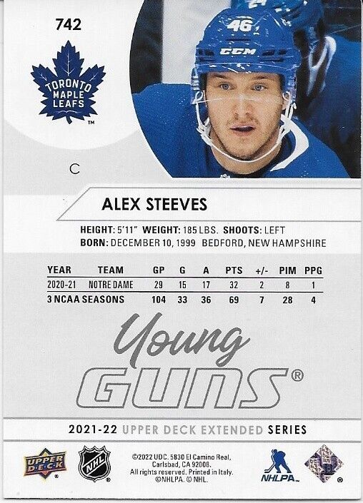 Signed Alex Steeves 2021-22 UD Young Guns Toronto Maple Leafs Rookie Card