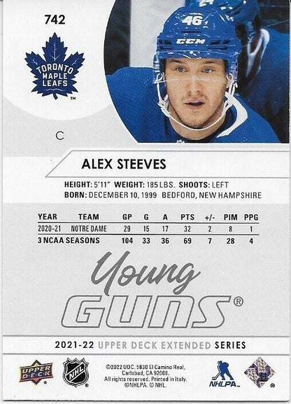 Signed Alex Steeves 2021-22 UD Young Guns Toronto Maple Leafs Rookie Card