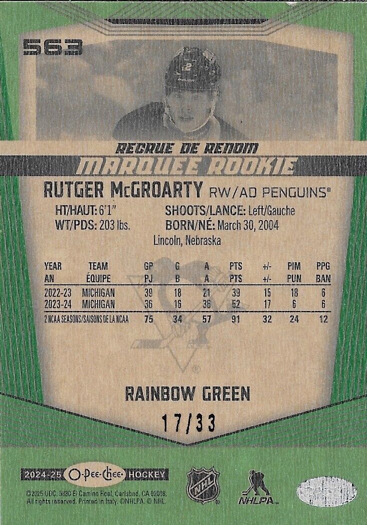2024-25 O-Pee-Chee Hockey Green Rainbow Marquee RC Rutger McGroarty 17/33 563