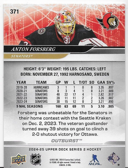 2024-25 Upper Deck Series 2 Hockey Anton Forsberg Red Outburst 23/25 Senators