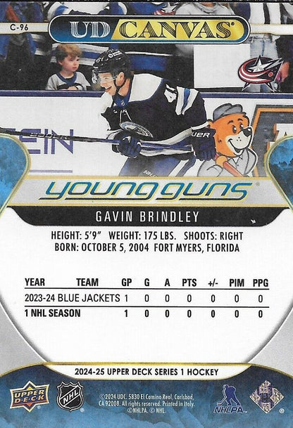 Signed Gavin Brindley 24-25 UD Young Guns Canvas Columbus Blue Jackets Rookie Cd