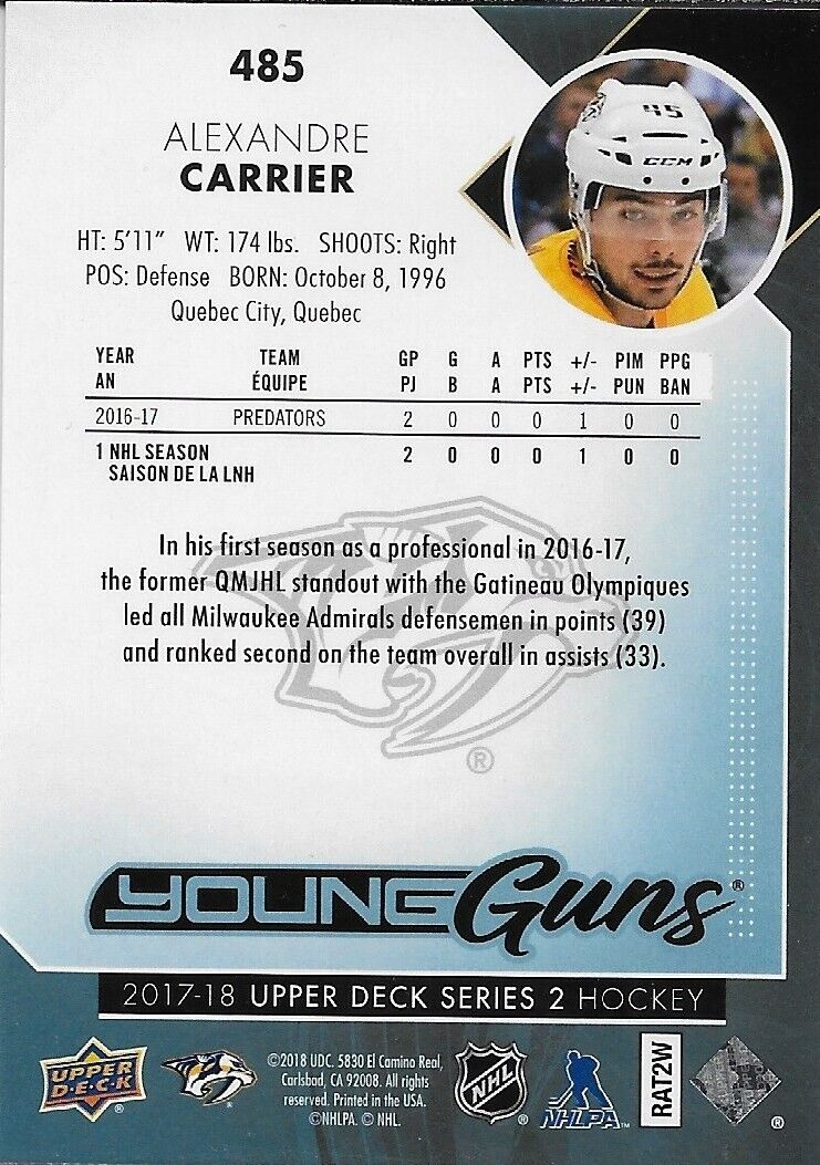 Signed Alexandre Carrier 2017-18 UD Young Guns Nashville Predators Rookie Card