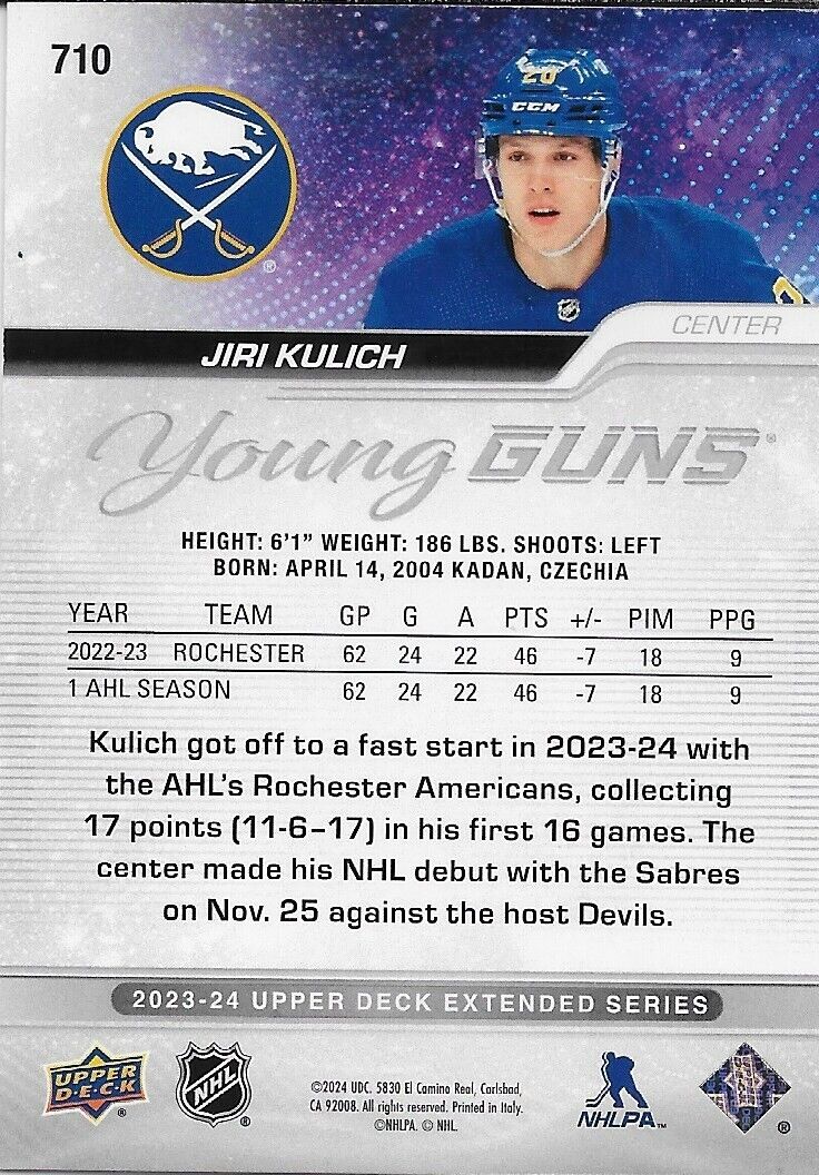 Signed Jiri Kulich 2023-24 UD Young Guns Buffalo Sabres Rookie Card