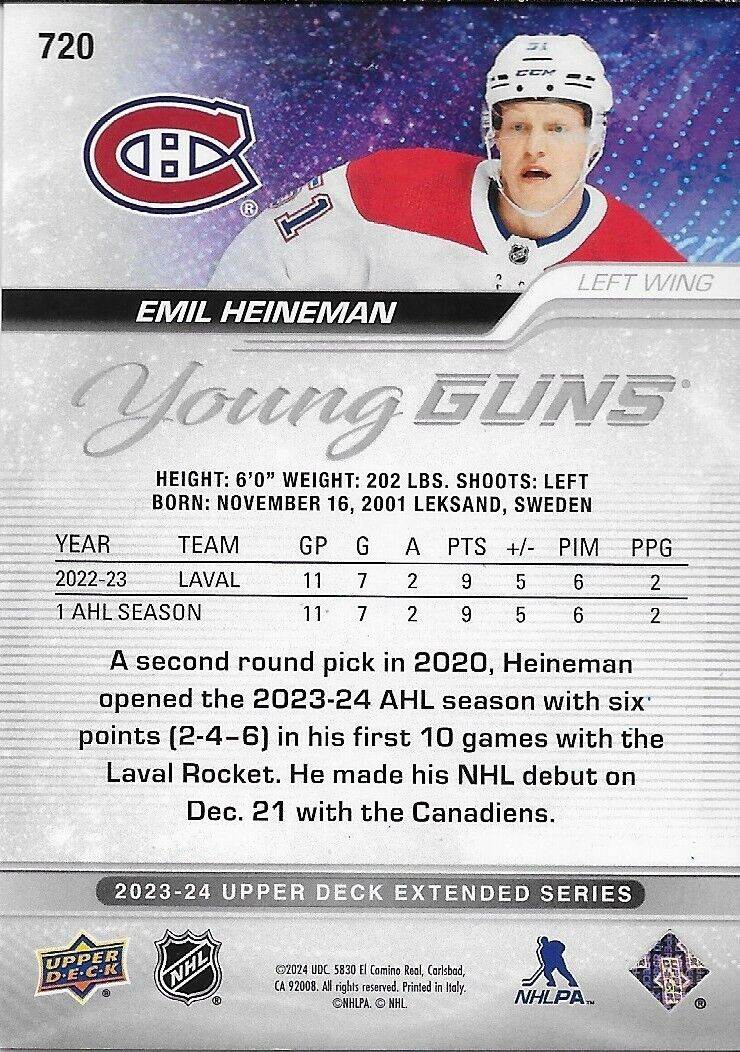 Signed Emil Heineman 23-24 UD Young Guns Montreal Canadiens Private Signing Card