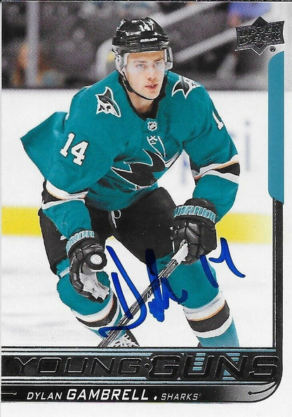 Signed Dylan Gambrell 2018-19 UD Young Guns San Jose Sharks Rookie Card