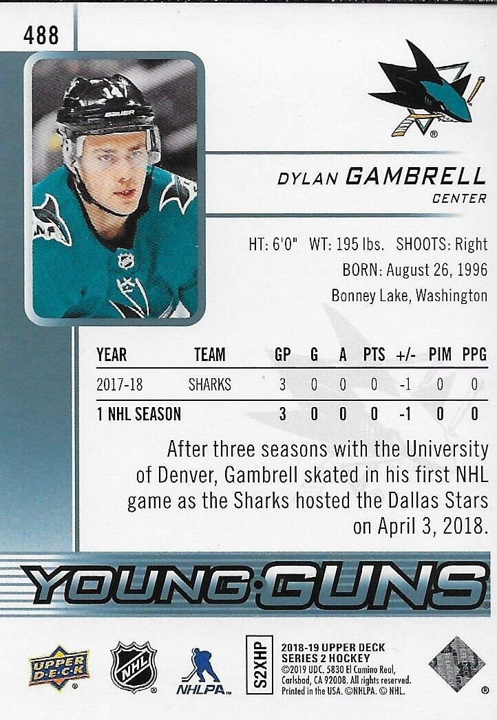 Signed Dylan Gambrell 2018-19 UD Young Guns San Jose Sharks Rookie Card