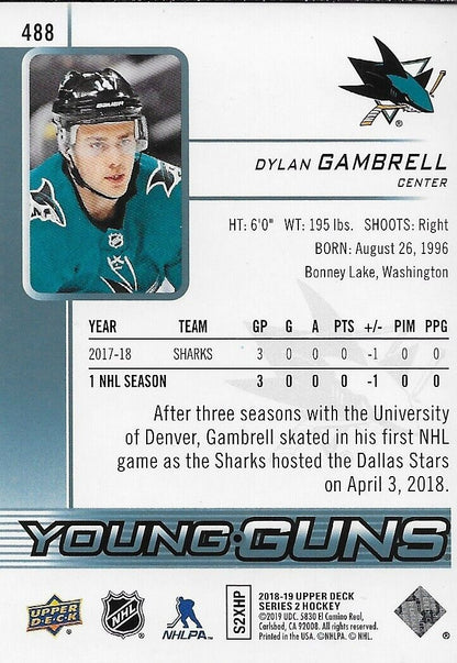 Signed Dylan Gambrell 2018-19 UD Young Guns San Jose Sharks Rookie Card