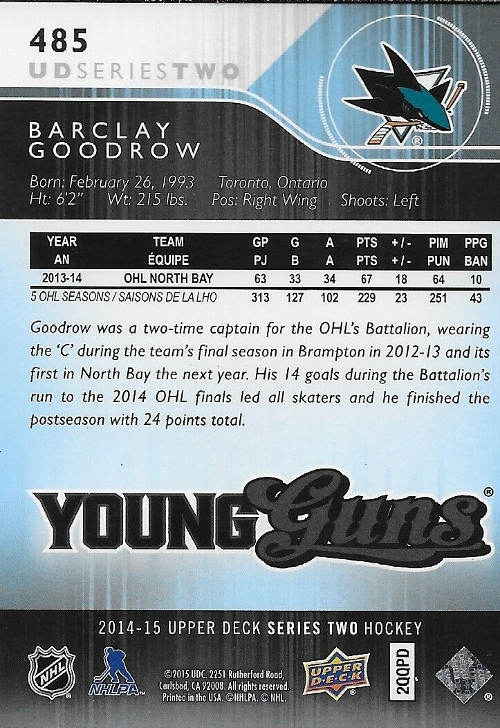 Signed Barclay Goodrow 2014-15 UD Young Guns San Jose Sharks Rookie Card