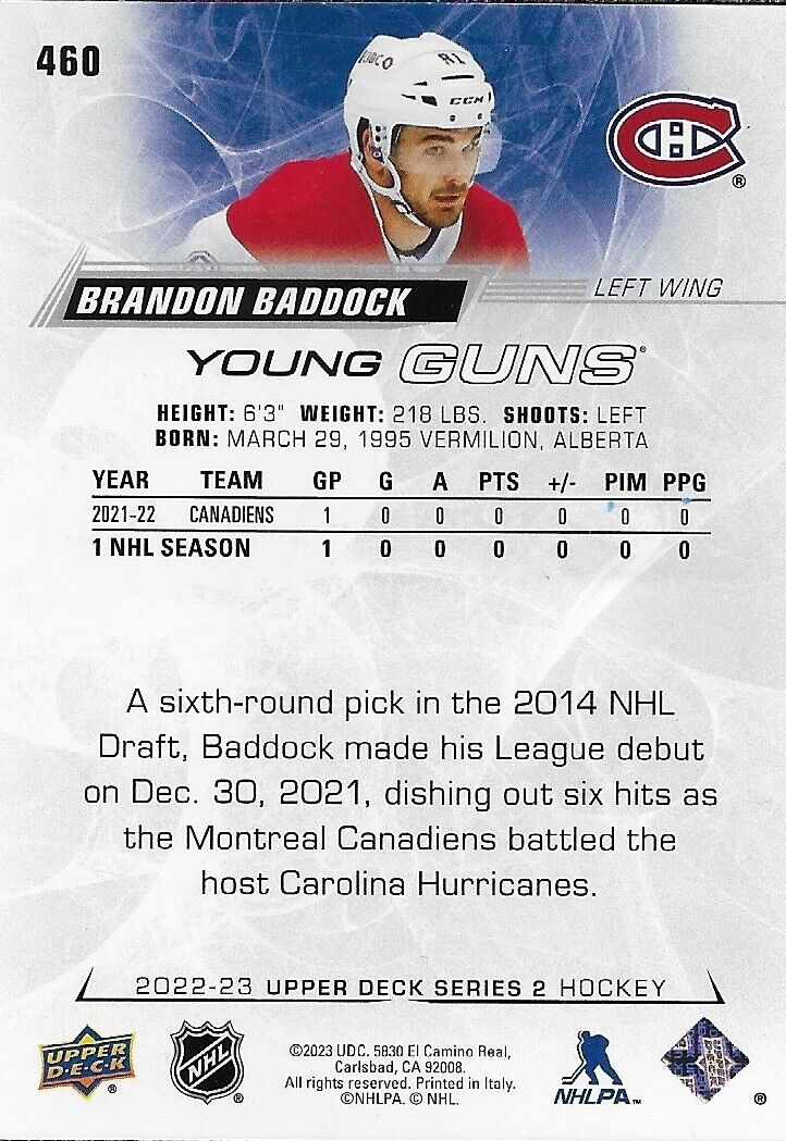Signed Brandon Baddock 2022-23 Young Guns UD Montreal Canadiens Rookie Card