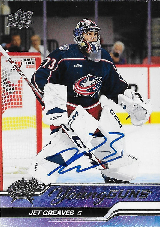 Signed Jet Greaves 2023-24 UD Columbus Blue Jackets Young Guns Rookie Card