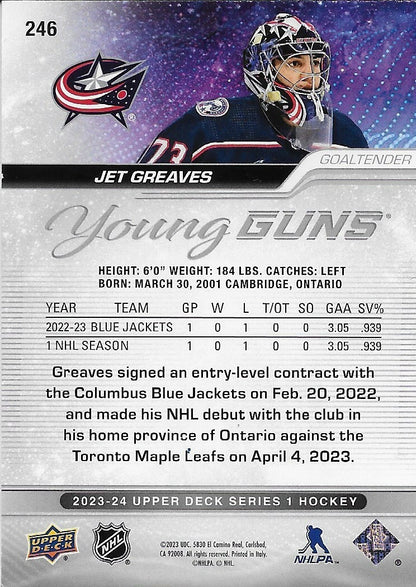 Signed Jet Greaves 2023-24 UD Columbus Blue Jackets Young Guns Rookie Card